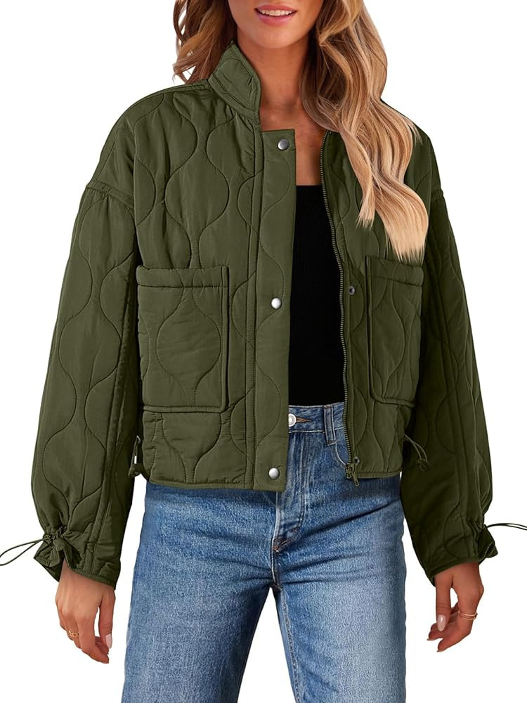 MEROKEETY Women's Cropped Zip-Up Bomber Jackets Warm Quilted Long Sleeve Stand Neck Winter Coats | Amazon (US)