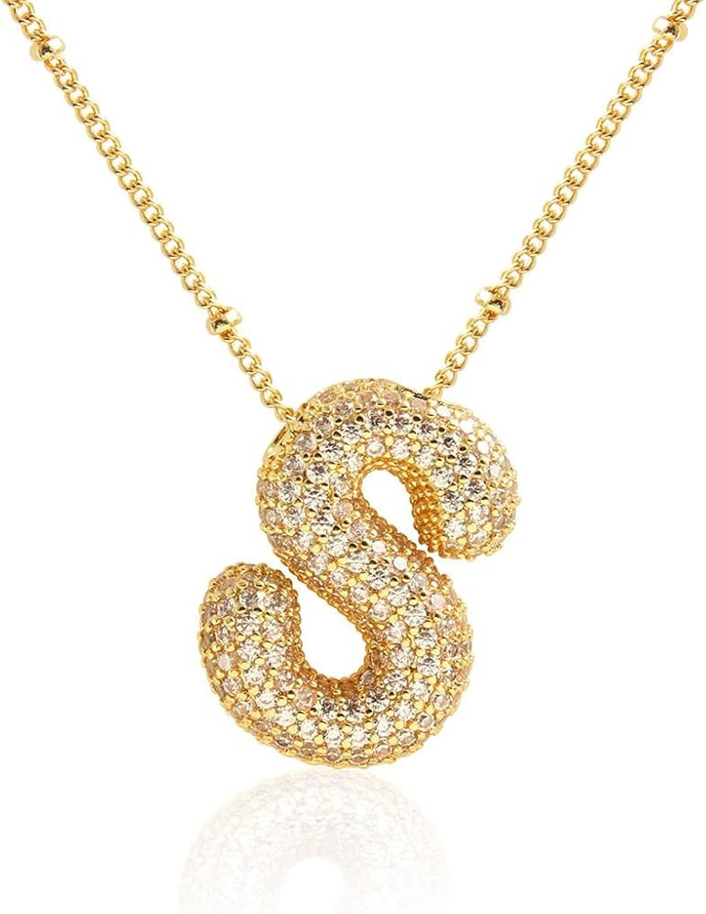 Bubble Initial Necklace for Girls Women 18K Gold Plated Cubic Zirconia Balloon Letter Alphabet Pe... | Amazon (US)