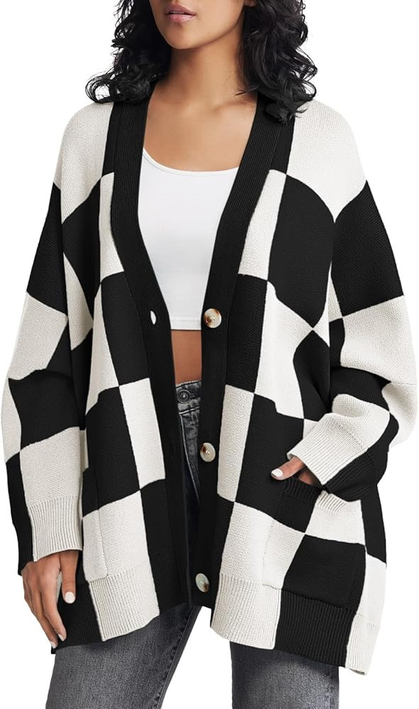Saodimallsu Womens Checkered Sweater Color Block Plaid Oversized Cardigan Long Sleeve V Neck Butt... | Amazon (US)