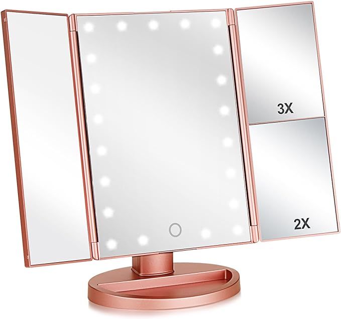 Amazon.com: Flymiro Tri-fold Lighted Vanity Makeup Mirror with 3x/2x Magnification,21 LEDs Light ... | Amazon (US)