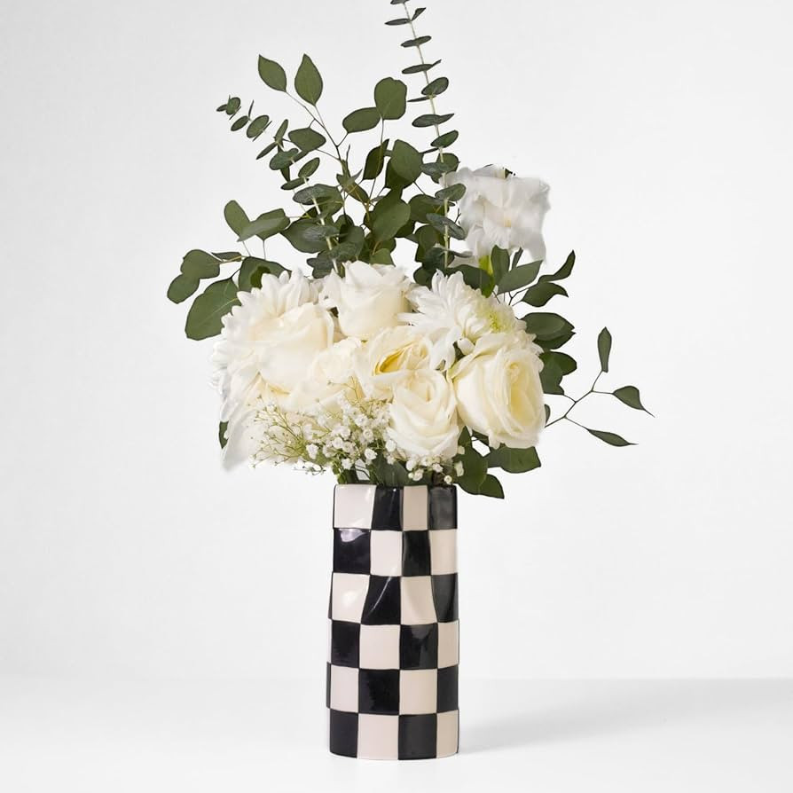 Small Checkered Vase, Modern Home Decor, Decorative Ceramic Flower Vase, Aesthetic Black & White ... | Amazon (US)