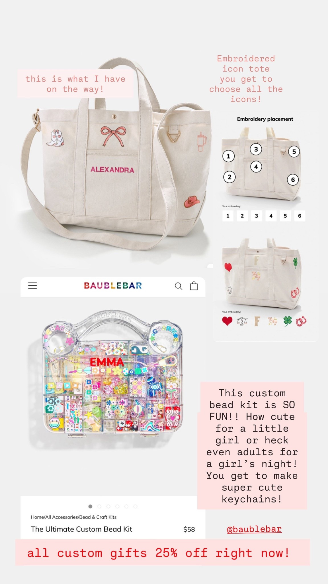 The cutest custom gifts from BAUBLEBAR are 25% off right now! I LOVE the icon tote because the icons are embroidered. You get to pick which icons you want so it’s completely personalized! I also have the alpha tote (linked) and it’s super cute as well because you get to customize the text, the color of the tote, color of the embroidery, and size of tote! Finally, this custom bead kit is soo fun for the girls! You get to make all kinds of fun key chains! I believe it makes up to 8! 

#LTKHoliday #LTKSaleAlert #LTKGiftGuide