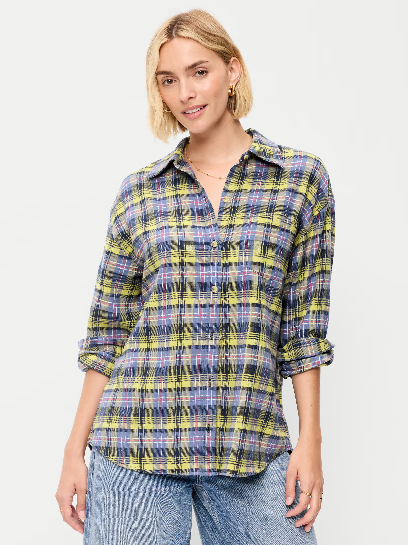 Oversized Button-Down Boyfriend Flannel Shirt | Old Navy (US)