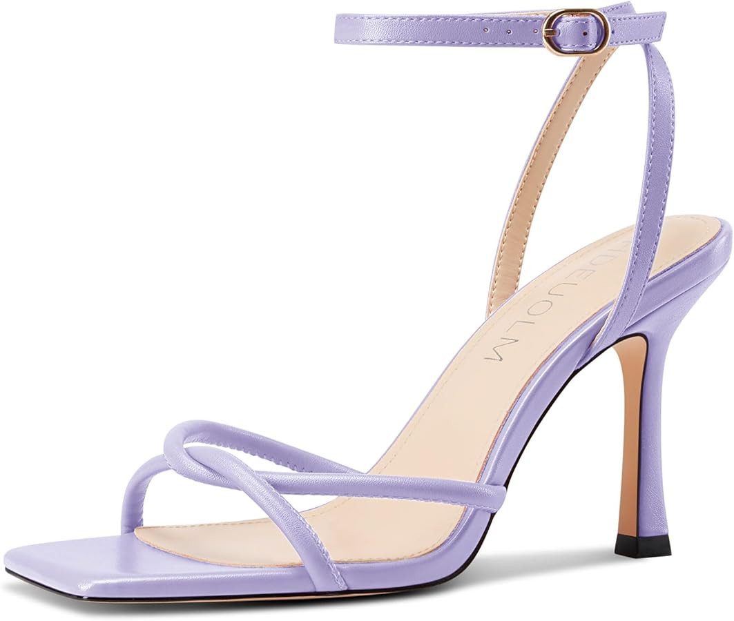 Womens Strappy Heels Stiletto High Heel Square Toe Sandals Ankle Strap Prom Party Dress 3.9 Inche... | Amazon (US)