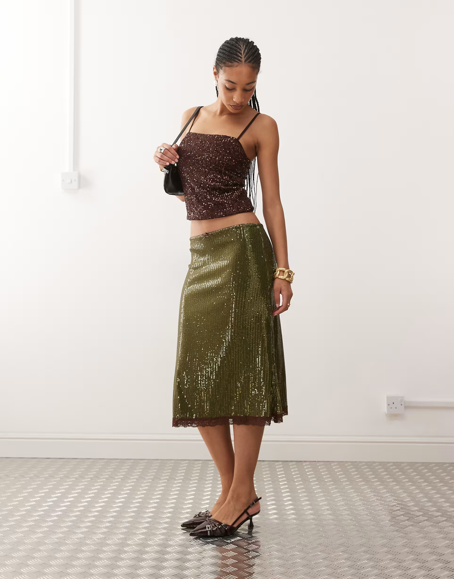 Reclaimed Vintage sequin midi skirt with contrast lace trim in olive green | ASOS (Global)