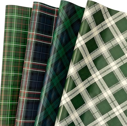 LeZakaa Christmas Green Wrapping Paper, 12 Folded Sheet with 4 Different Tartan Plaid Design for ... | Amazon (US)