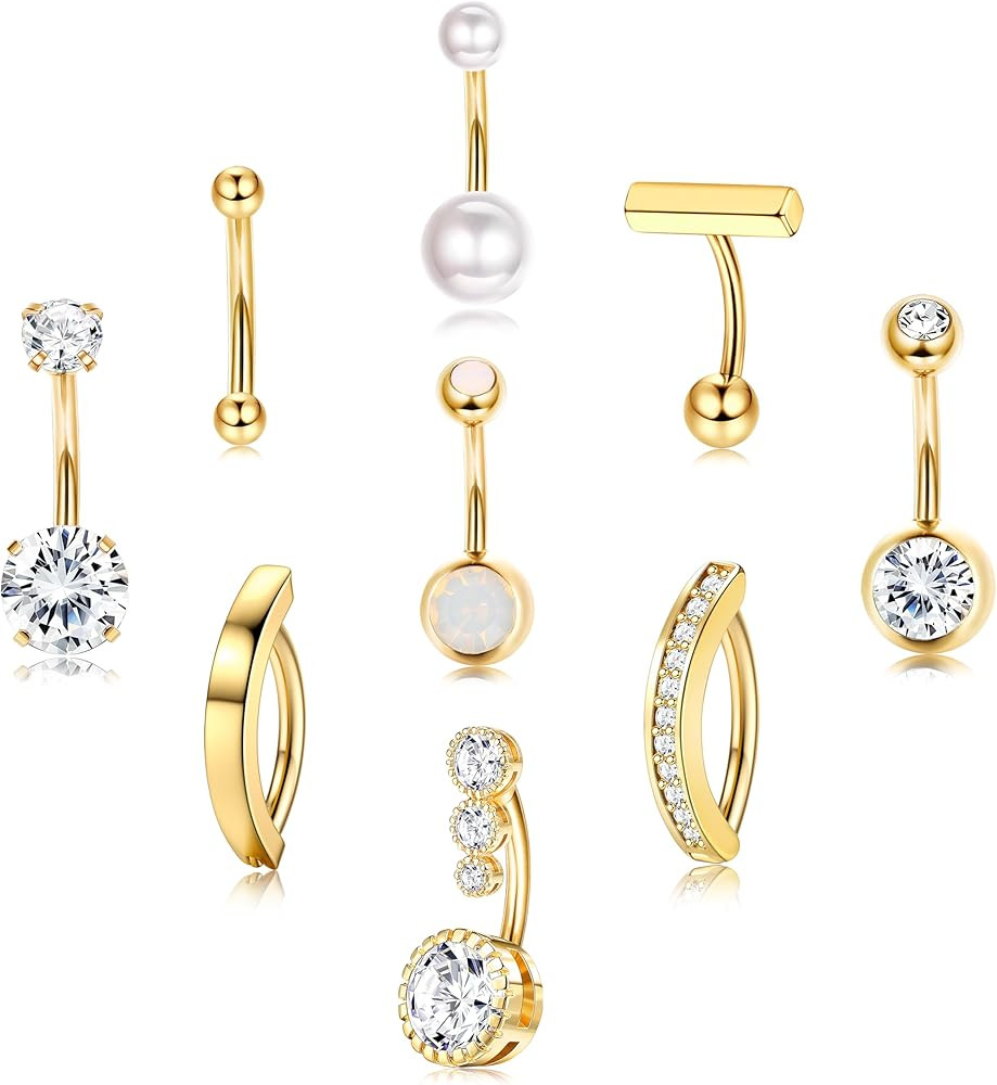 FIASASO 9 Pcs Gold Belly Button Ring Surgical Stainless Steel Belly Rings CZ Opal Pearl Belly But... | Amazon (US)