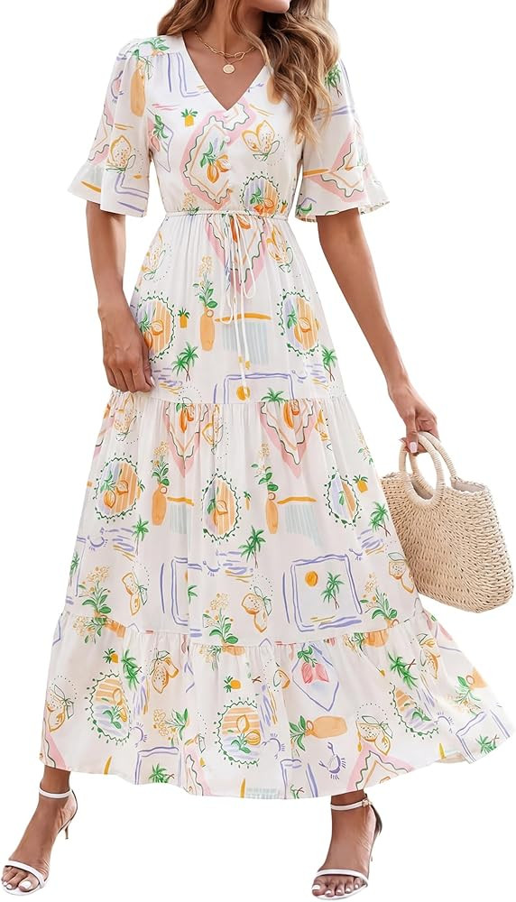 BTFBM Womens Summer Dresses 2026 Spring Casual Short Sleeve v Neck Boho Floral Flowy A-Line Tiere... | Amazon (US)