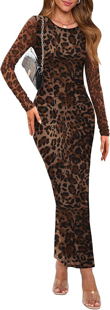 WIHOLL Women's Bodycon Maxi Dress Fall Fashion Long Sleeve Floral Print Tight Fitted Party Club R... | Amazon (US)