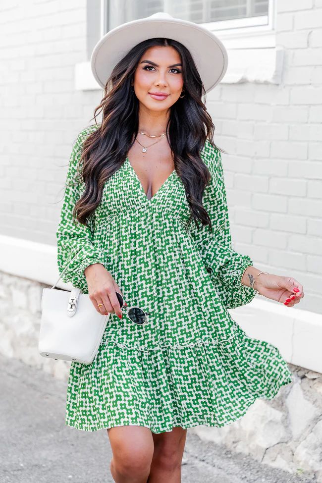 Everything You Wanted Green Retro Printed Long Sleeve Smocked Bust Mini Dress | Pink Lily