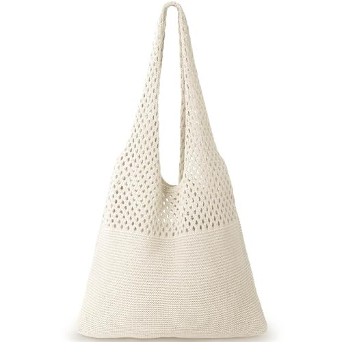 KPX Crochet Tote, Beach Mesh Knitted Shoulder Bag - Large Aesthetic Hobo Bag for Women - Summer (Style A, Beige) | Amazon (US)