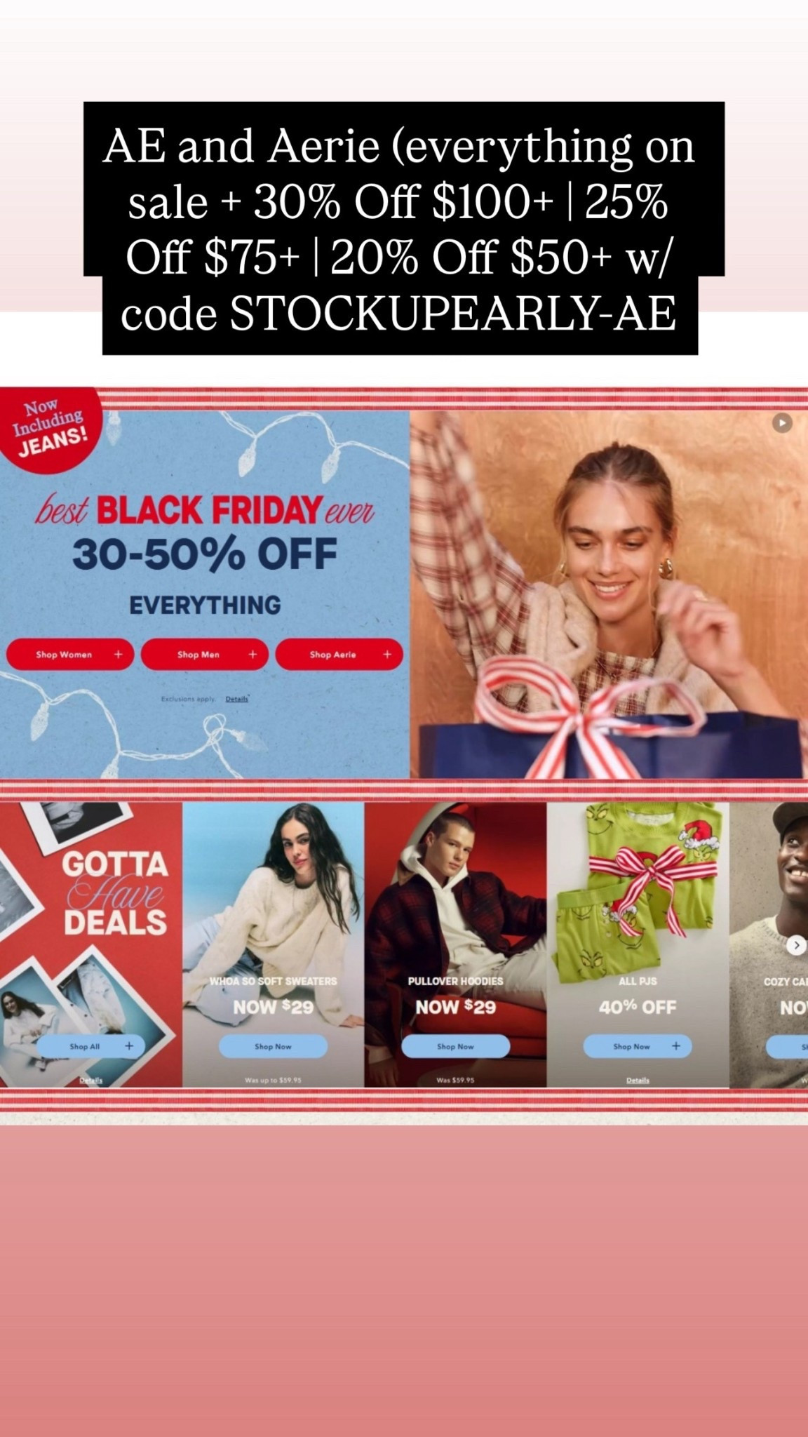 Dear bank account sorry!

AE and Aerie (everything on sale + 30% Off $100+ | 25% Off $75+ | 20% Off $50+ w/code STOCKUPEARLY-AE



Link directly to site ⬇️⬇️

#LTKCyberWeek #LTKGiftGuide #LTKHoliday