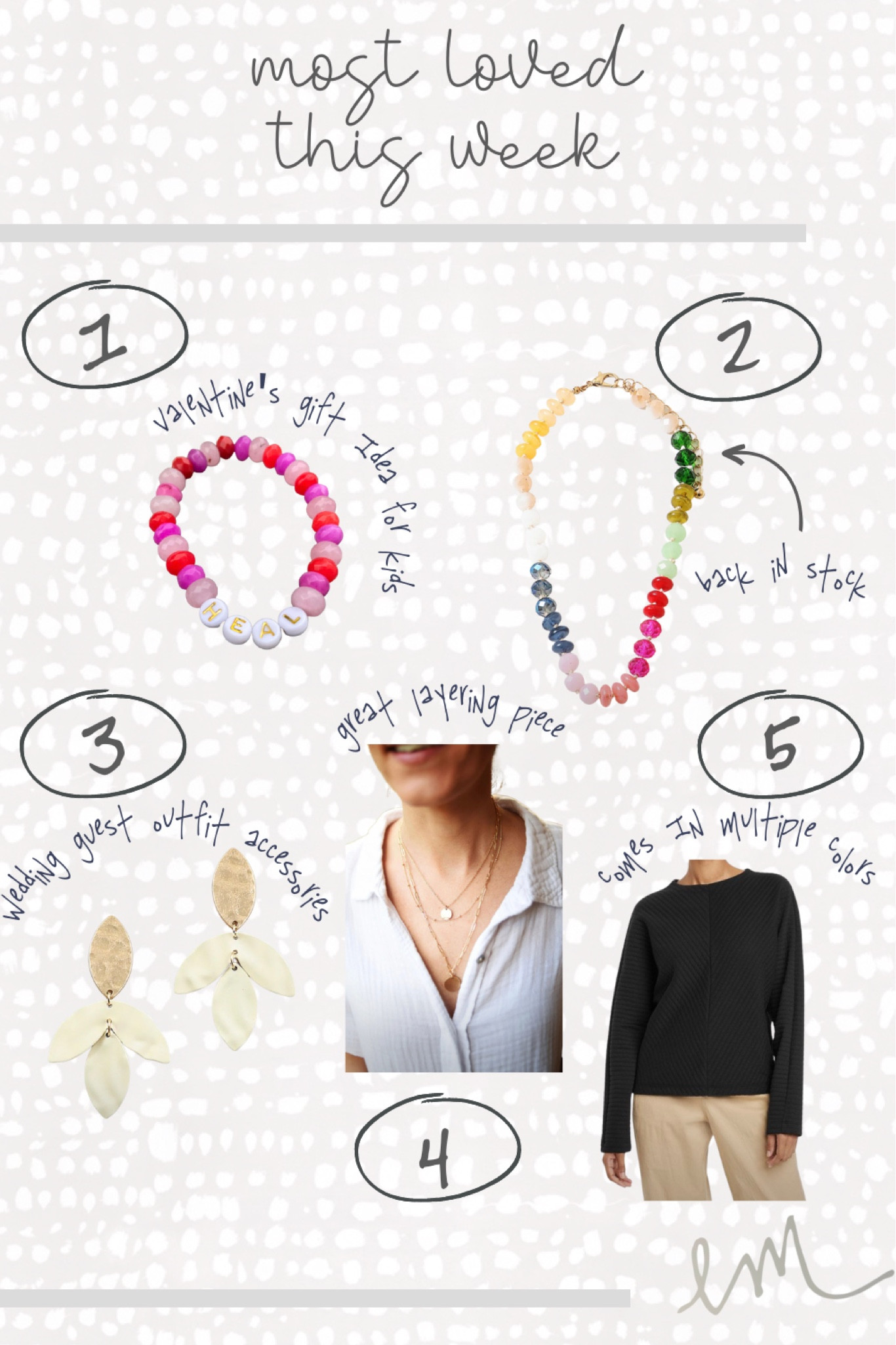 Most loved items from this week. 
1) Gemstone bracelet by Erin McDermott Jewelry 
2) California Coast Necklace by Erin McDermott 
3) Ivy Earrings by Erin McDermott 
4) Triple Layer Everything Necklace by Erin McDermott
5) Quilted Boat Neck Sweater from Target

Workwear | Wedding Guest Outfits | gift ideas | Valentine’s Day gift idea | date night 

#LTKstyletip #LTKSeasonal #LTKunder50