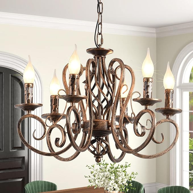 Ganeed French Country Chandeliers,6 Lights Candle Wrought Iron Chandelier,Rustic Farmhouse Pendan... | Amazon (US)