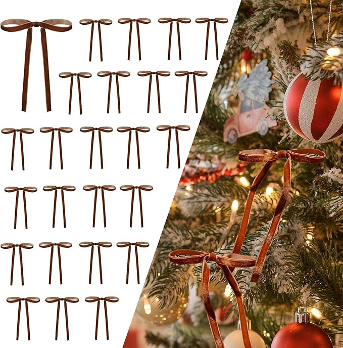 DiliComing Brown Velvet Christmas Tree Bows - 24 Pcs Brown Velvet 5 x 7 Inch Christmas Bows for G... | Amazon (US)
