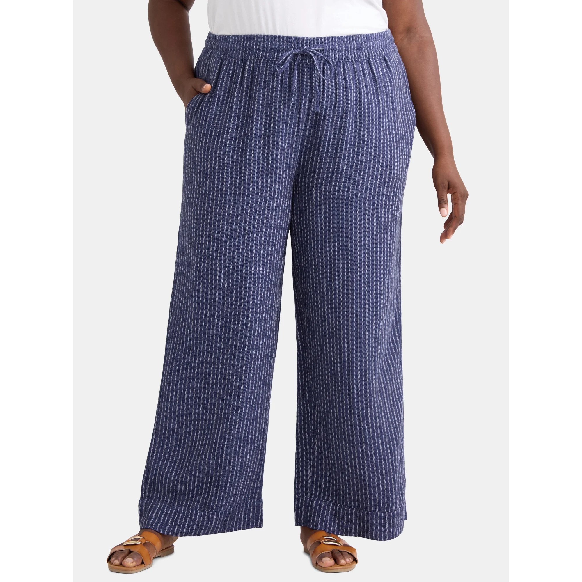 Time and Tru Women's and Women's Plus Wide Leg Linen Blend Pants, 29" Inseam, Sizes XS-4X | Walmart (US)
