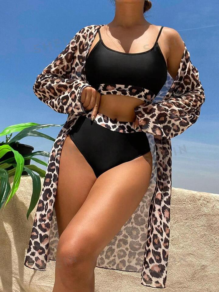 SHEIN Swim Vcay Leopard Bikini Swimsuit With Kimono | SHEIN