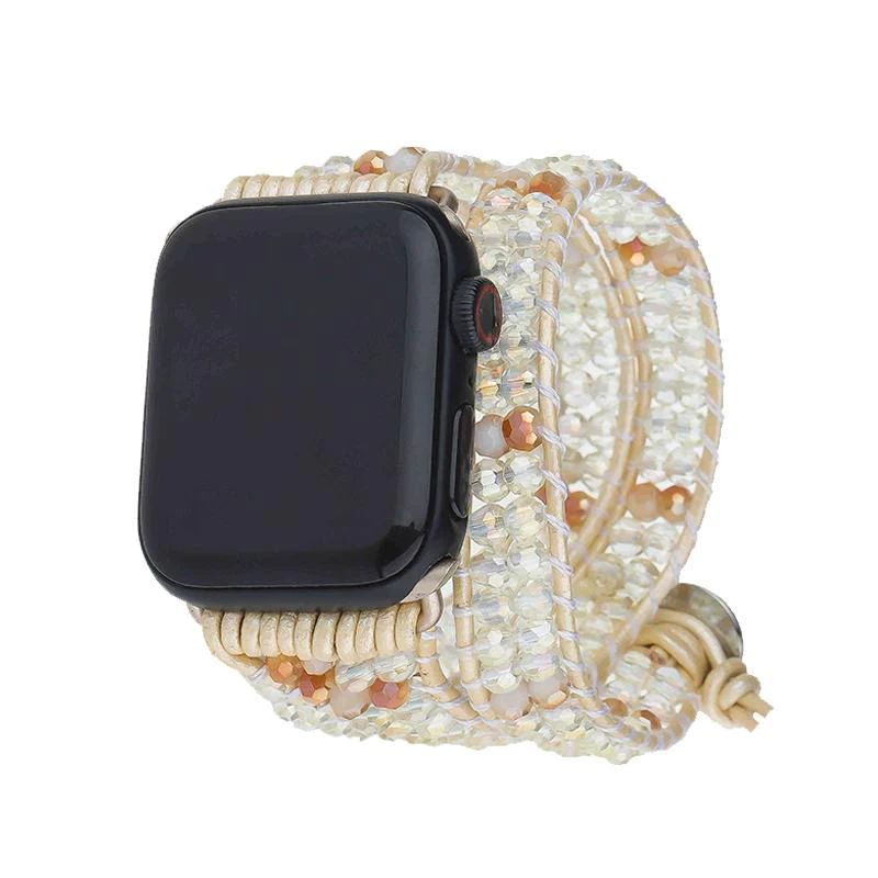 Ivory Crystals with Peach Accent on Ivory Apple Watch Strap | Victoria Emerson