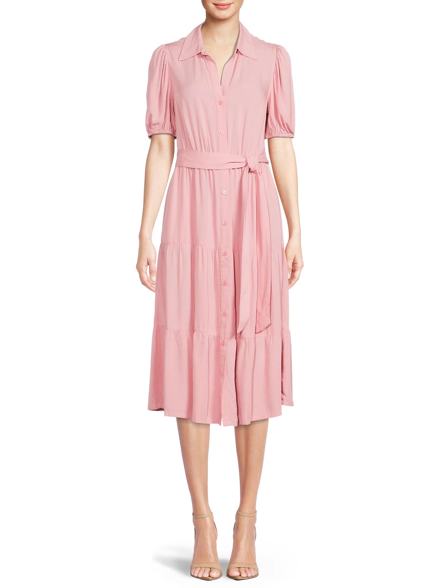 Time and Tru Women's Tiered Midi Shirt Dress | Walmart (US)