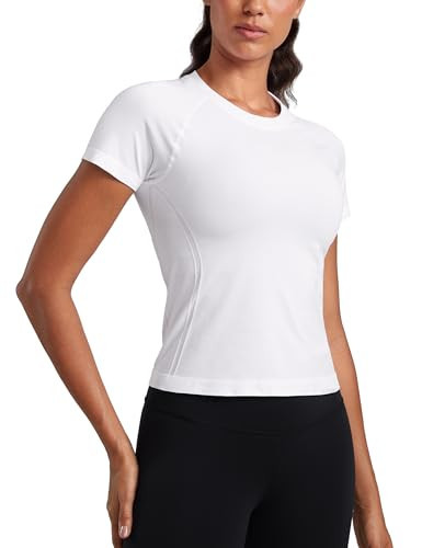 CRZ YOGA Women's Seamless Short Sleeve Shirts Breathable Running Yoga Plain Top Stretchy Sport Gym Fitness Basic T-Shirt White 14 | Amazon (UK)