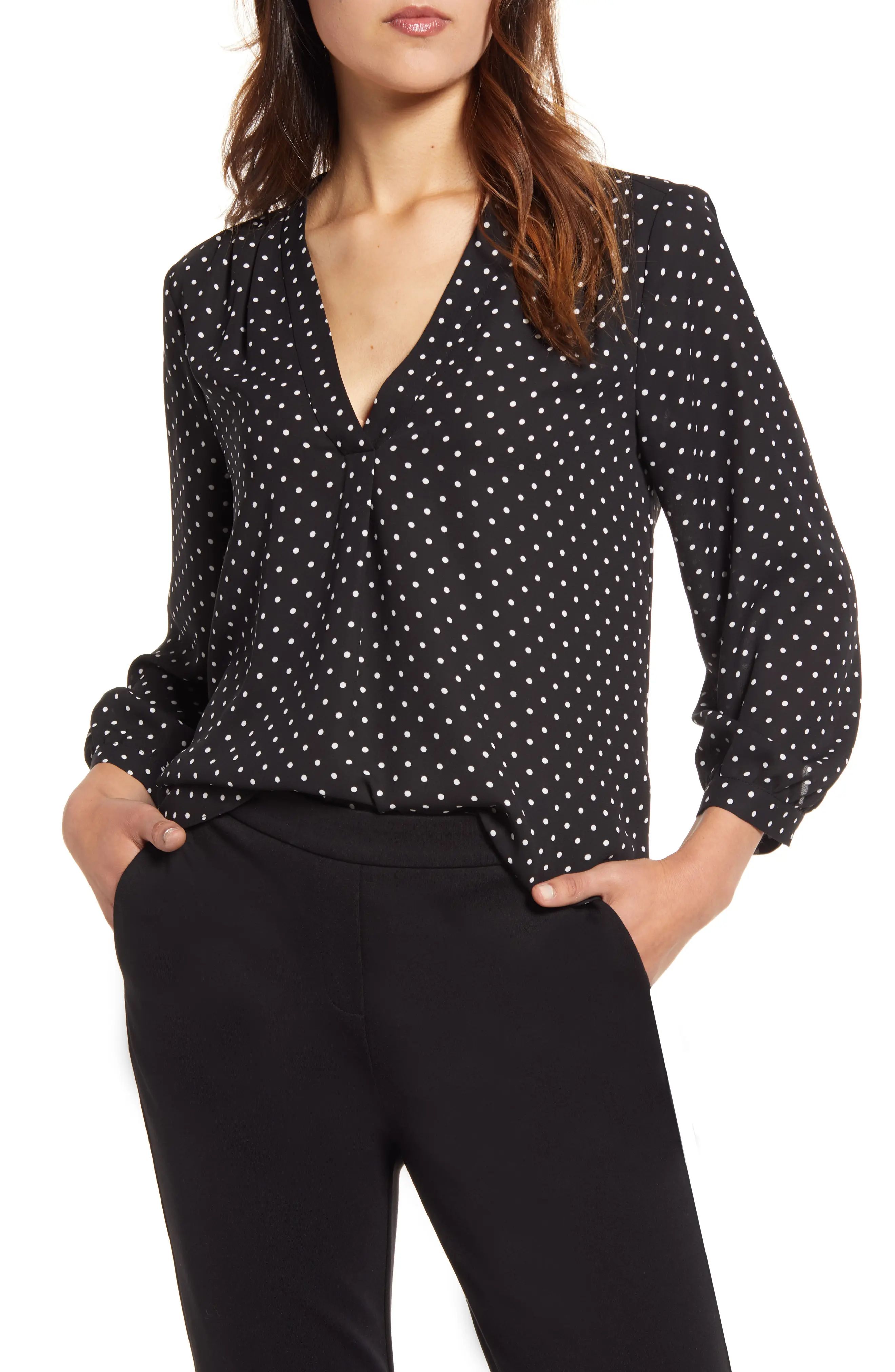 Vince Camuto Polka Dot V-Neck Top in Rich Black at Nordstrom, Size Small | Nordstrom