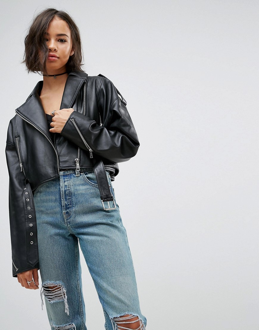 ASOS Oversized Leather Jacket with Zip Detail - Black | ASOS UK