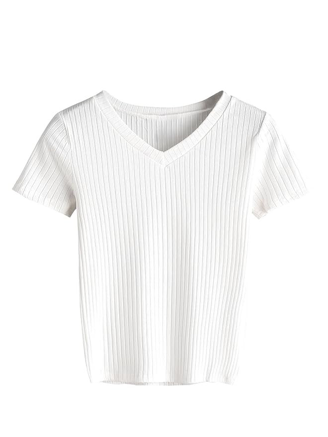 SweatyRocks Women's Basic Short Sleeve V Neck Ribbed Knit Crop Top Tee Shirt | Amazon (US)