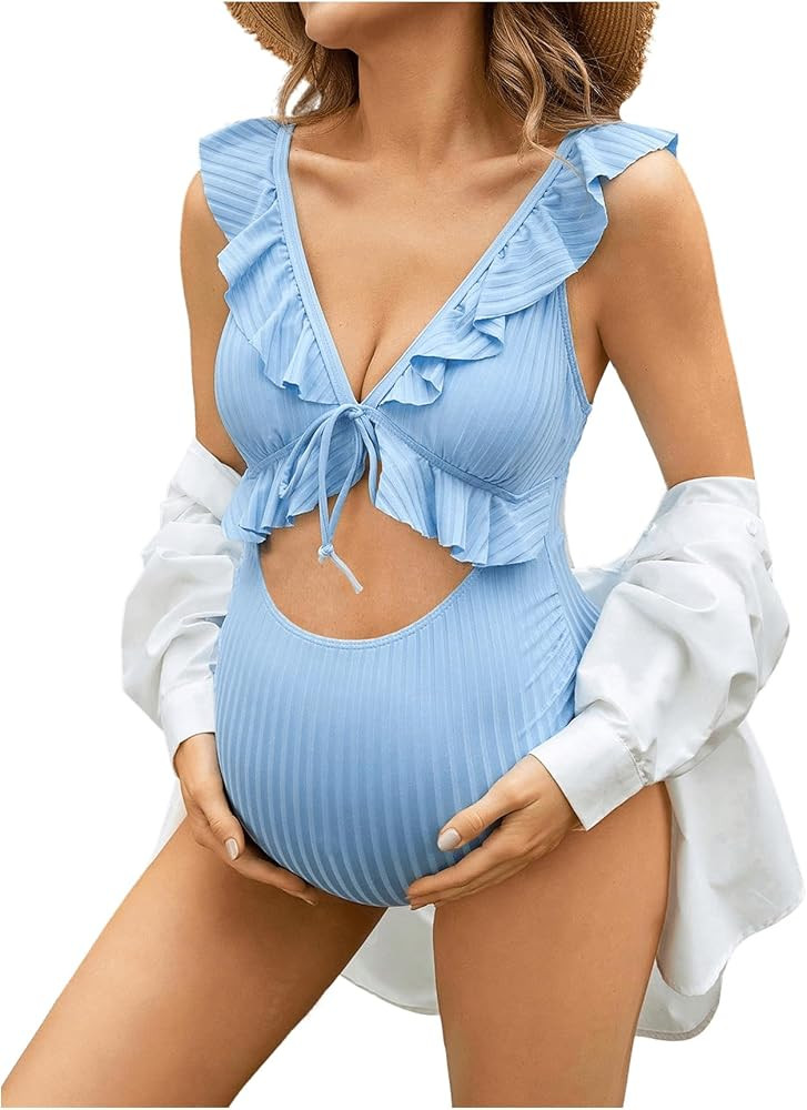 MakeMeChic Women's Maternity Bikini Sets Bathing Suit Cut Out Backless Ruffle V Neck Pregnancy Sw... | Amazon (US)