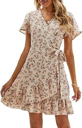 Naggoo Women's Summer Wrap V Neck Polka Dot Print Ruffle Short Sleeve Mini Floral Dress with Belt | Amazon (US)