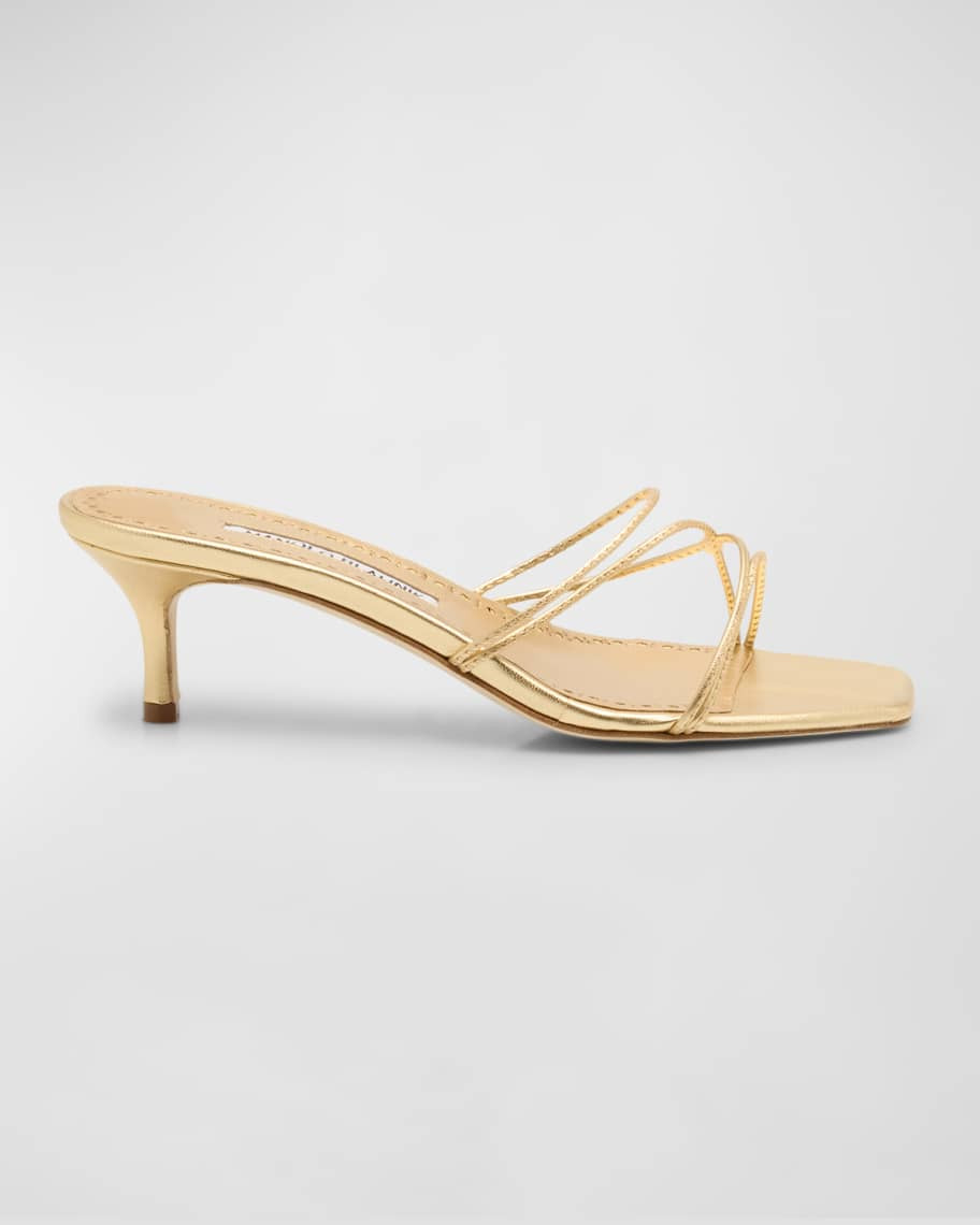 Manolo Blahnik Strappy Metallic Leather Slide Sandals | Neiman Marcus