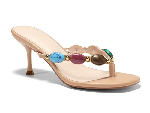 Coutgo Womens Jeweled Heeled Sandals Kitten Heel Starppy Flip Flop Backless Open Toe Slides Boho ... | Amazon (US)