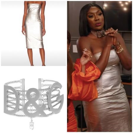 Wendy Osefo’s Silver Metallic Strapless Dress and D&G Choker