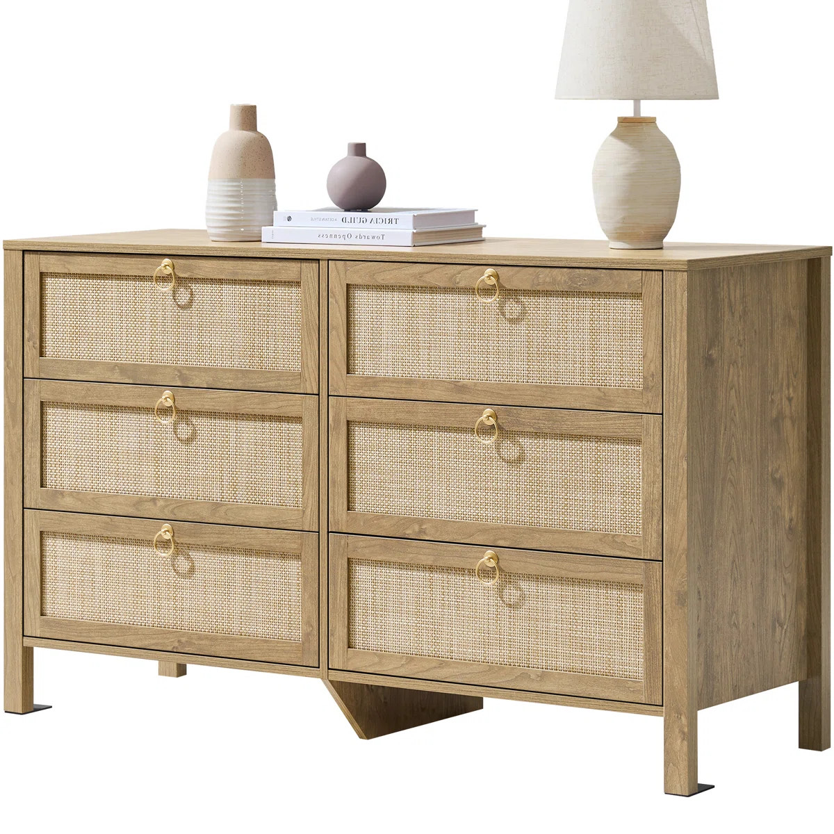 Pomodoro 51" W Rattan 6-Drawer Dresser With Golden Handles — Coastal Boho Bedroom Storage Chest | Wayfair North America