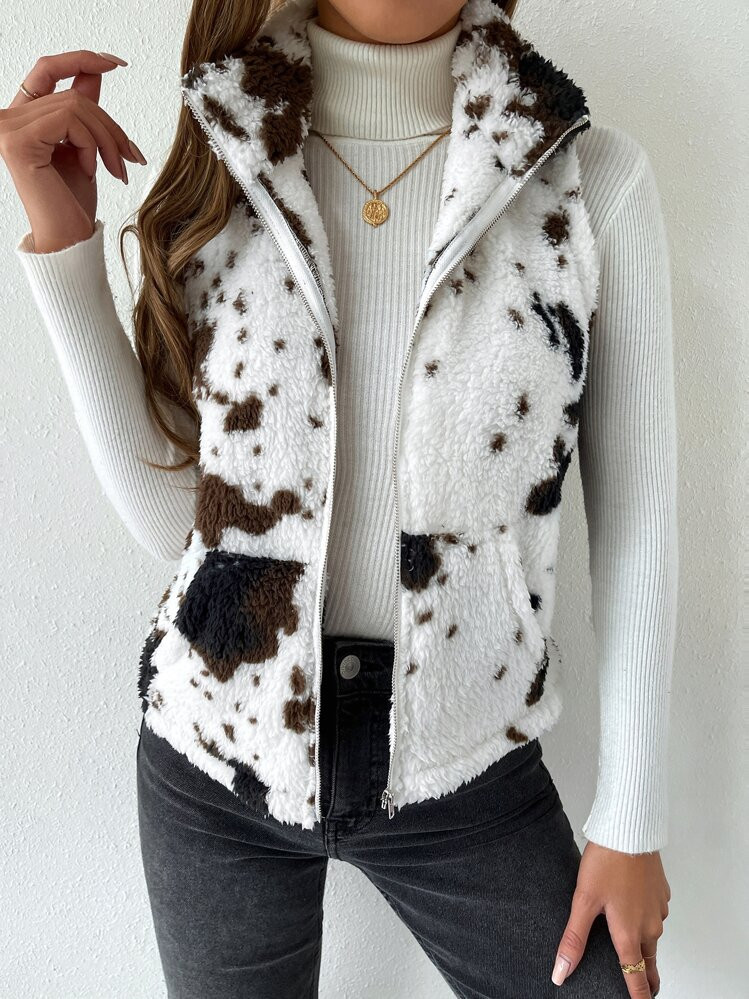 SHEIN LUNE Cow Print Teddy Vest Jacket | SHEIN