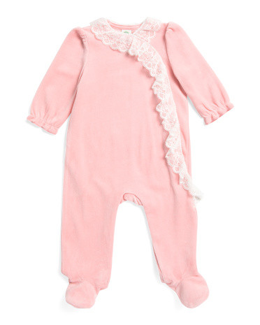 Newborn Girls Lace Cascade Velour Footie Pajamas | TJ Maxx