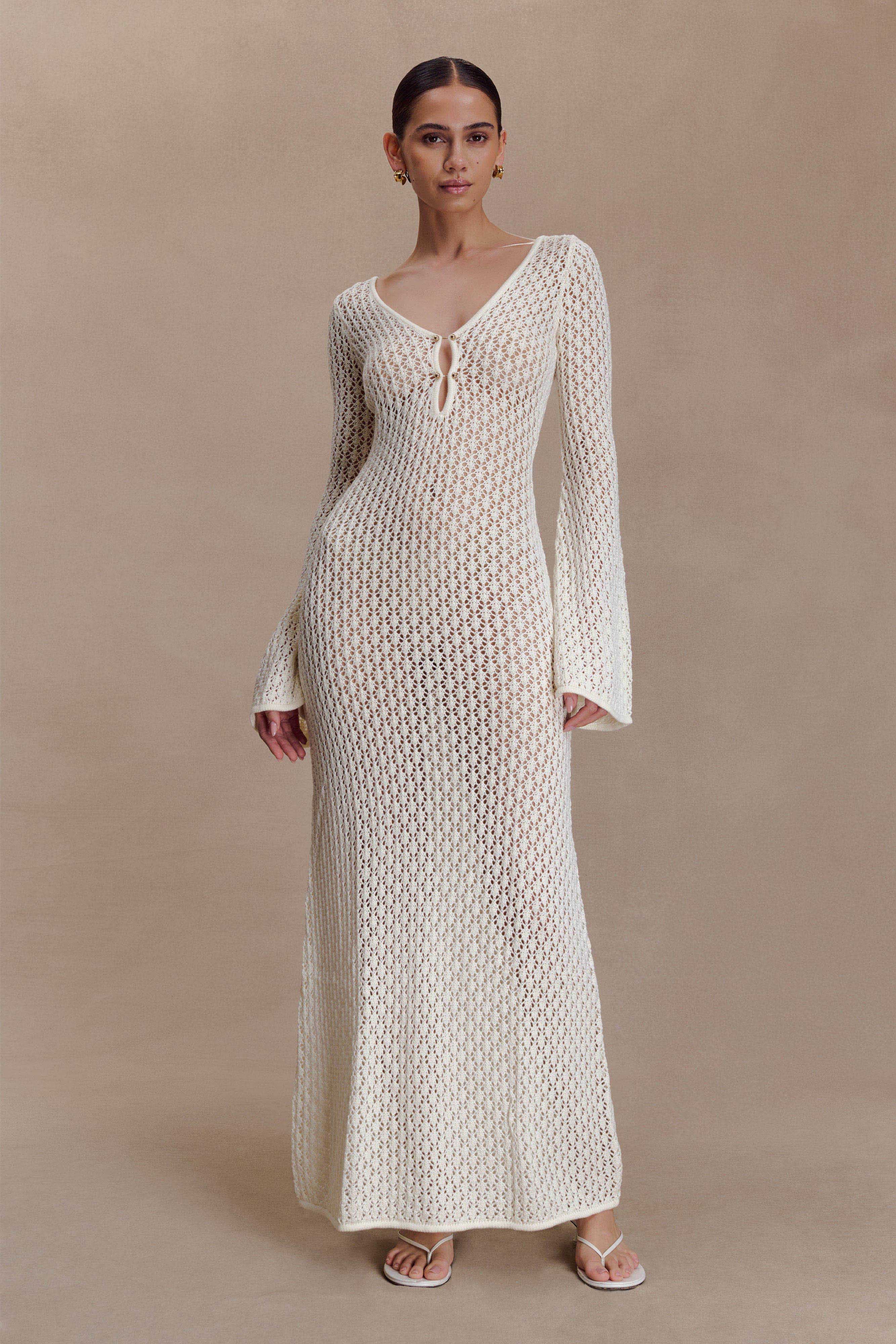 Marisol Marisol Off Shoulder Boucle Maxi Dress - Ivory | MESHKI US