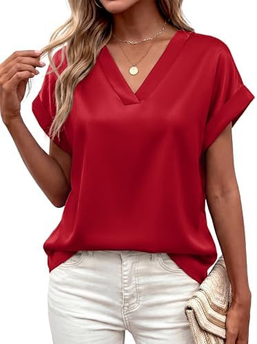 MASCOMODA Womens V Neck Silk Satin Tops Dressy Short Sleeve Work Blouses Spring Summer Loose T Sh... | Amazon (US)