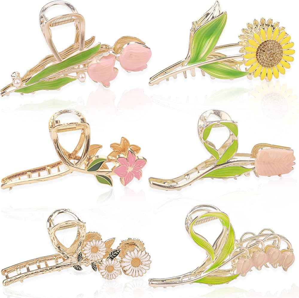 6 Pcs Large Metal Tulip, Sunflower, and Lily Hair Claws - Non-Slip Floral Hair Clips for Thin and... | Amazon (US)