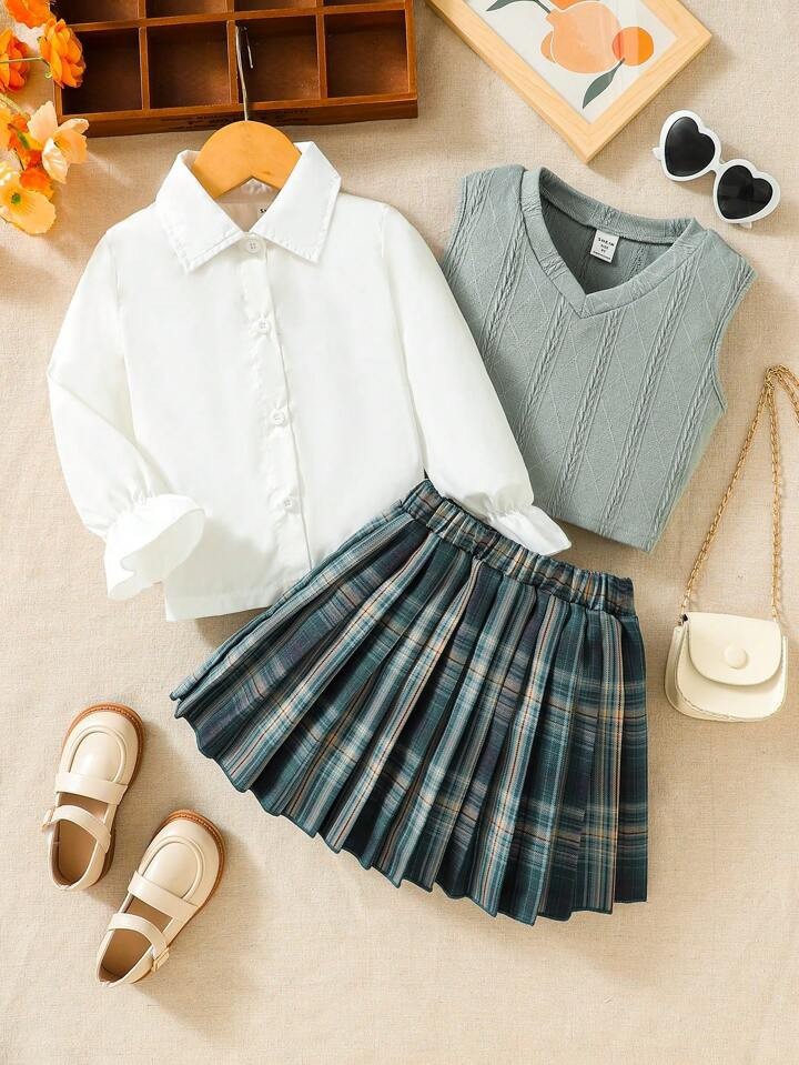 SHEIN Young Girl Vest & Shirt & Pleated Skirt Set | SHEIN