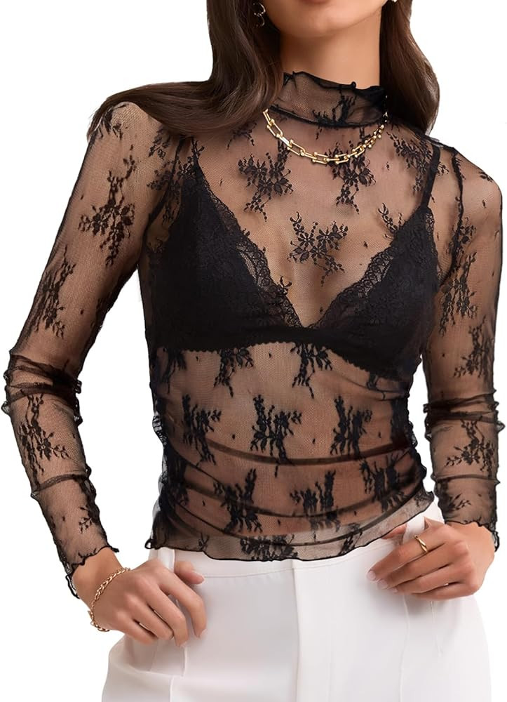 LEANI Women's 2024 Sheer Mesh Crop Top Long Sleeve Mock Neck Lace Floral See Through Y2K Shirt Bl... | Amazon (US)