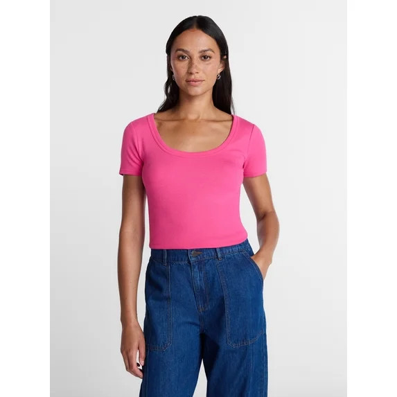 Time and Tru Women's Ribbed Scoop Neck Tee with Short Sleeves, Sizes XS-XXXL | Walmart (US)