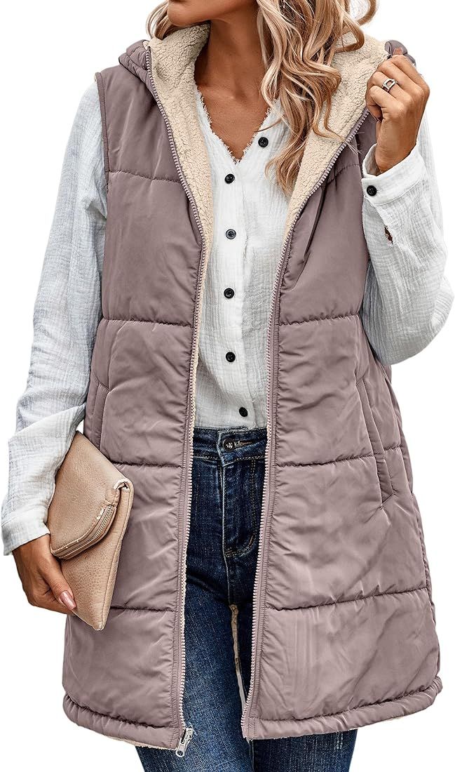 ECOWISH Women Long Puffer Vest: Fall Zip up Reversible Fleece Jacket 2023 Winter Warm Sleeveless ... | Amazon (US)