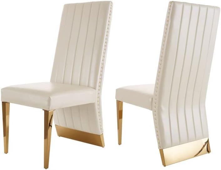 AZhome Dining Chairs Upholstered Dining Room Chairs White Leather Nailhead Dining Chair, Set of 2 | Amazon (US)