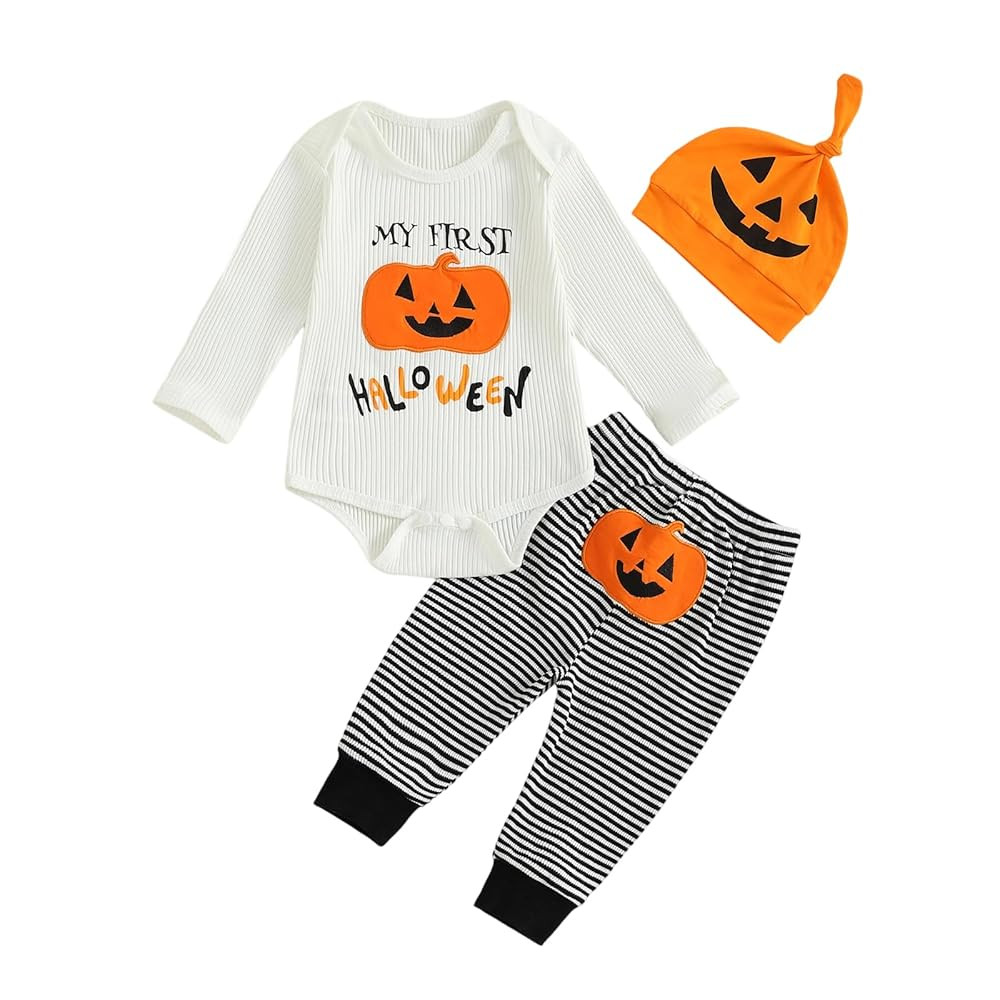 Lamuusaa Newborn Baby Boy Halloween Outfit My First Halloween Romper Stripe Long Pants Pumpkin Ha... | Amazon (US)