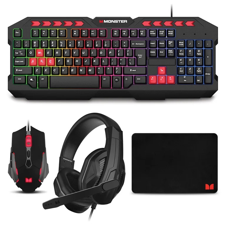 Monster Campaign 4-in-1 Gaming Keyboard, Headset, Mouse & Mouse Pad Bundle, Black | Walmart (US)