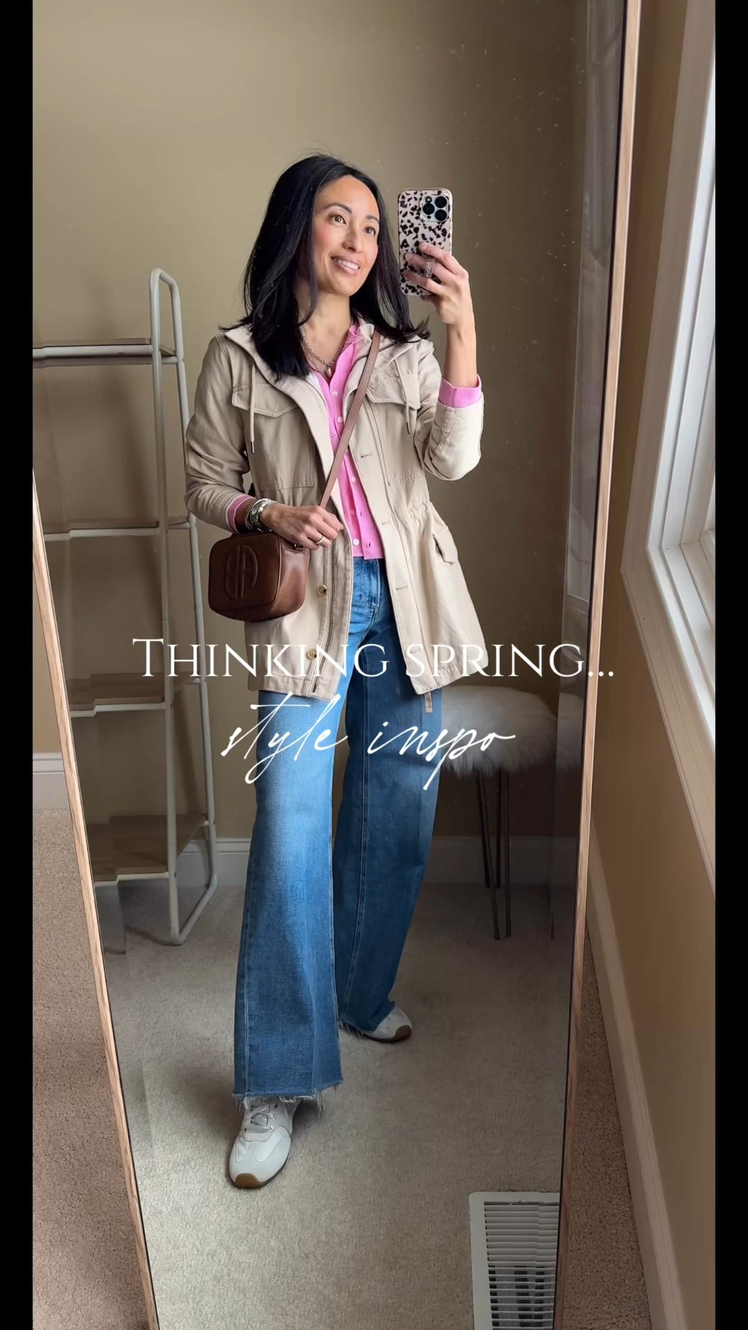 Thinking Spring style inspo. 
- Pink. It’s about that time where I crave color. I love pinks especially denim, khaki, and white. 
- Easy wide leg jeans transcends all the trends. 
- Slim sneakers look especially fresh with ribbon laces. 
- Silver jewelry feels fresh for Spring and goes well with pink. 
- Versatile field jacket. 

- Exact sweater style is a favorite for me in Spring.  Inexpensive option which I have purchased a few of over the years and they last. Currently on sale 40% off if you use a gap brand family card  This exact pink pointelle is new and on sale. I size up. 
- Exact jeans are very flattering. Investment even on sale, but if you love premium denim they are a style to try. Jeans run true to size. 
- Exact sneakers run true to size. 
- Exact jacket is an old favorite from Aritzia; linking new options that look nice. 

#LTKOver40 #LTKootd