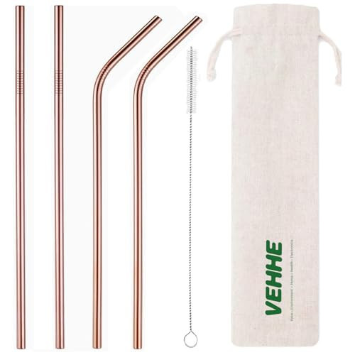 VEHHE Metal Straws Reusable Stainless Steel Straws Drinking Rose Gold 4 Set - Ultra Long 10.5" Cleaning Brush for 20/30 Oz for Yeti RTIC SIC Ozark | Amazon (US)