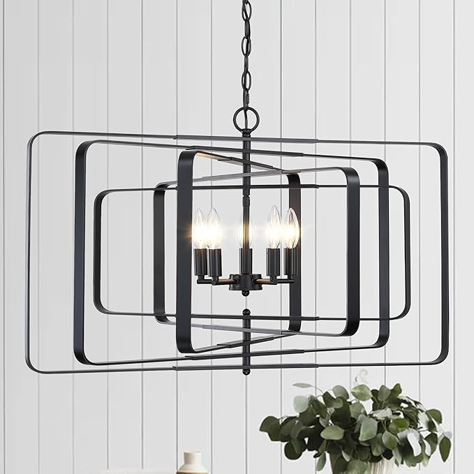 Untrammelife 32" Modern Black Chandelier - 5-Light Adjustable Height Geometric Rectangular Pendan... | Amazon (US)