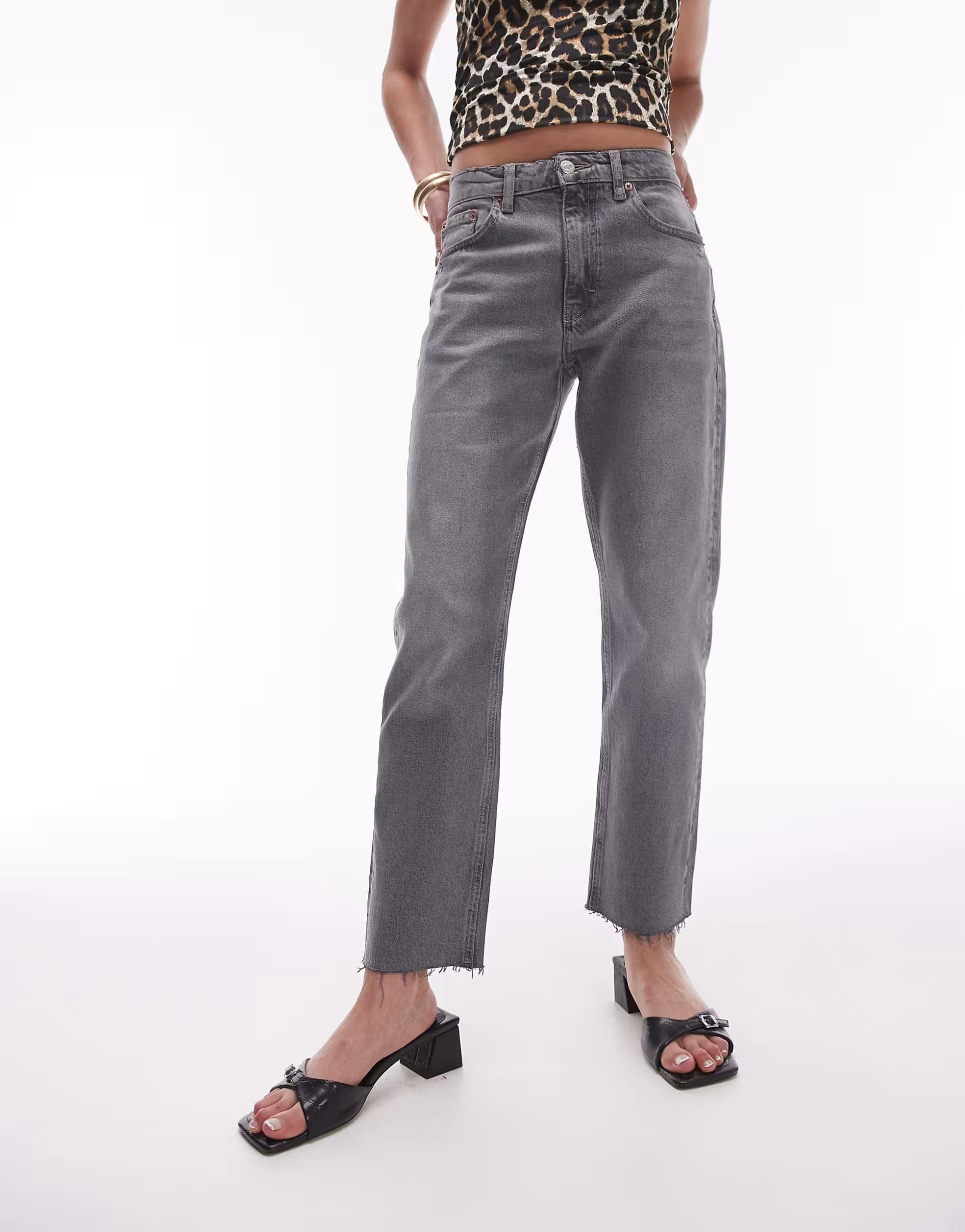 Topshop cropped mid rise straight jeans with raw hems in grey | ASOS (Global)