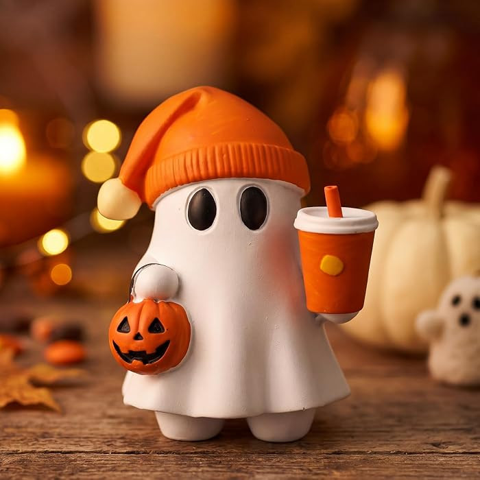 Vicenpal Cute Halloween Ghost Figurine with Pumpkin Bucket and Orange Drink Resin Spooky Tabletop Decor for Home Office Bookshelf Coffee Table Halloween Decoration Gift | Amazon (US)
